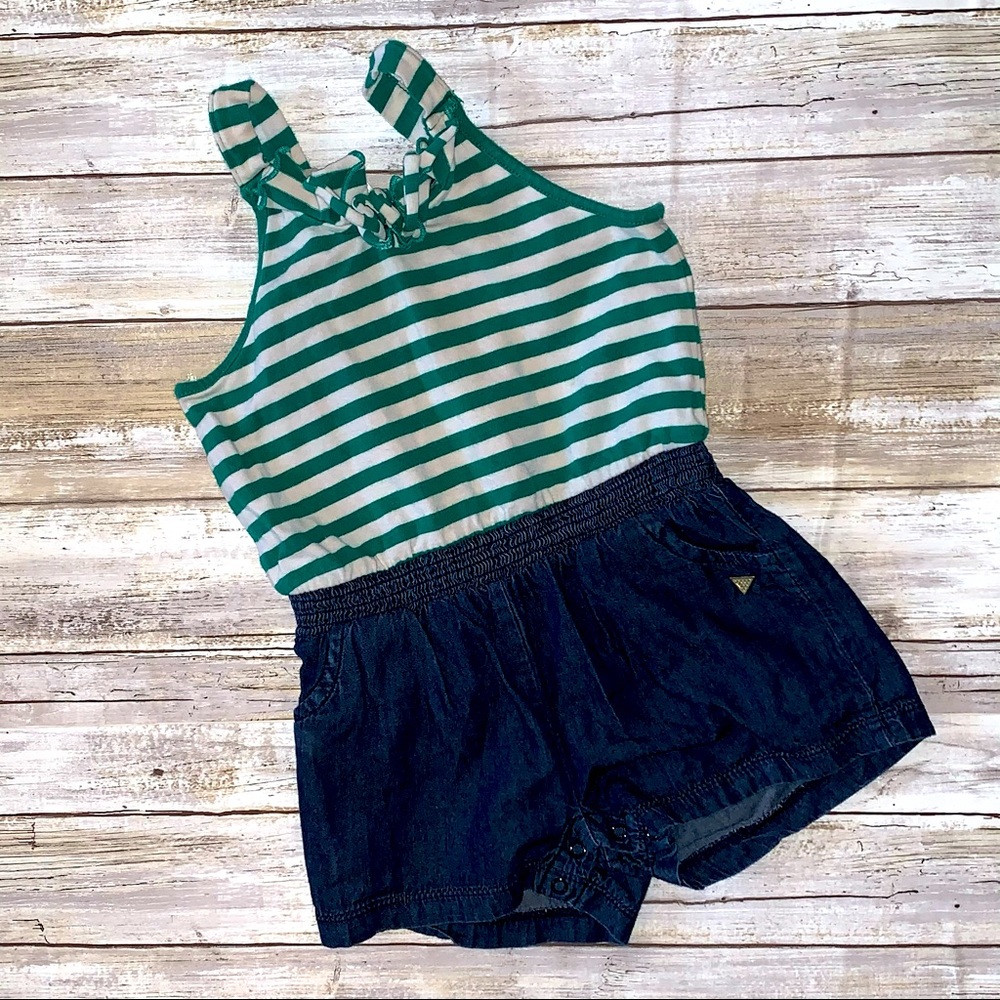 3/$15🌟 Guess Brand Green Striped Jean Romper Size 18M